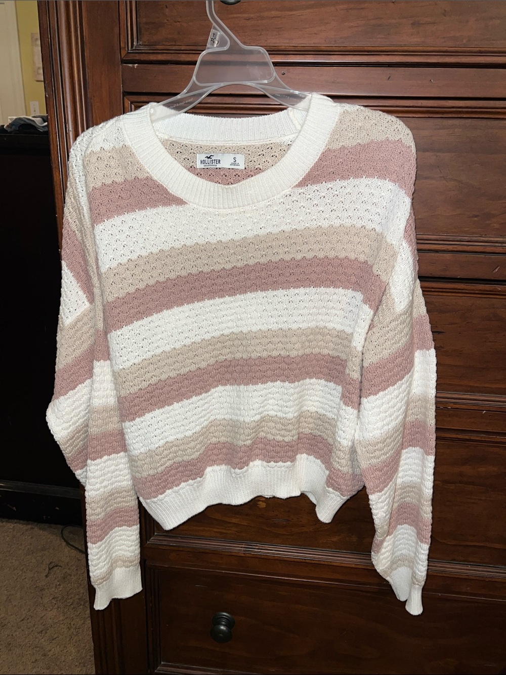 Hollister Cream, Dusty Pink & Beige Striped Knit Crew Sweater